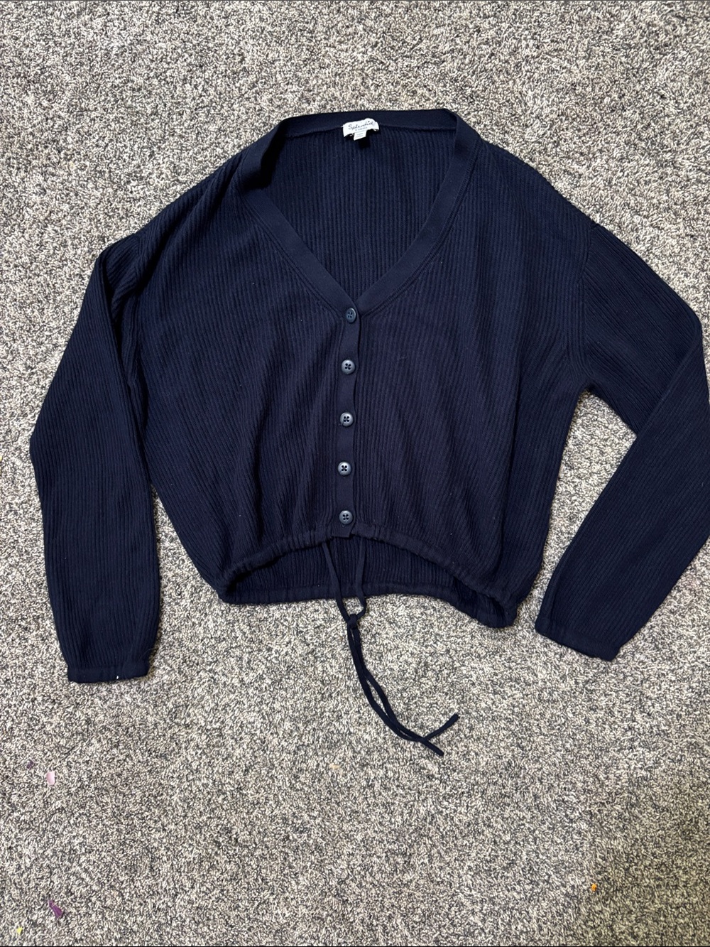 Splendid Navy Ribbed V-Neck Button-Front Cardigan with Drawstring